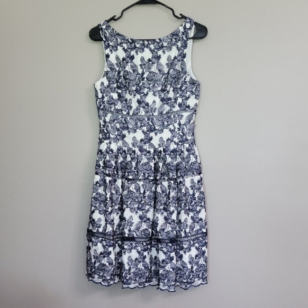 Eliza J Floral Navy Blue White Midi Dress Size 6P